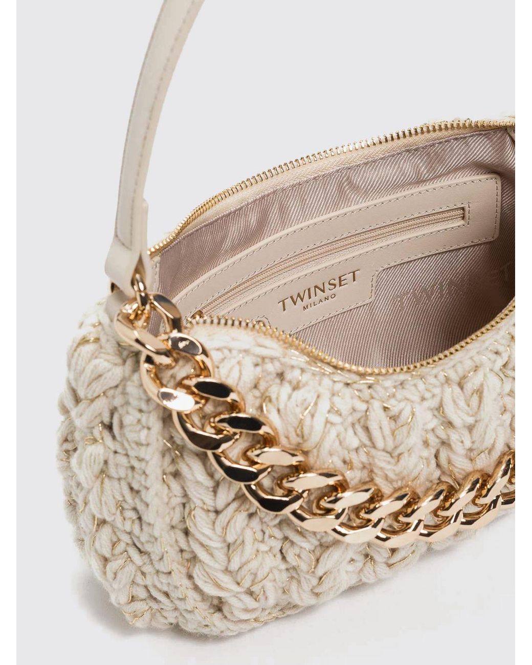 Twinset Natural Liliane Crochet Shoulder Bag With Chain Mail Appliqués