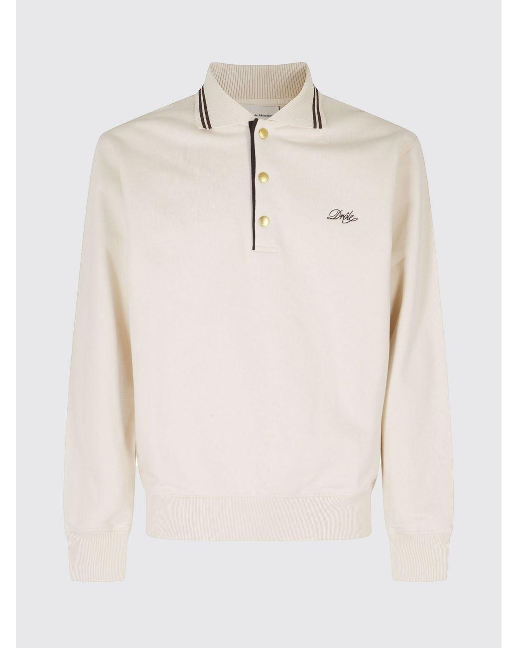 Drole de Monsieur White Long-Sleeved Cotton Polo Shirt With Contrast Trims for men