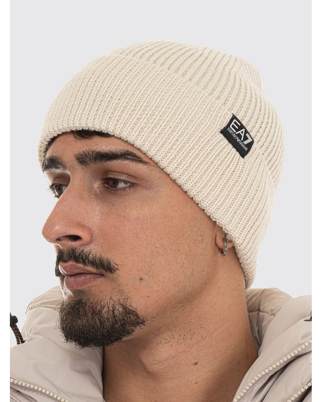 EA7 Natural Wool Blend Beanie Hat With Applied Logo for men