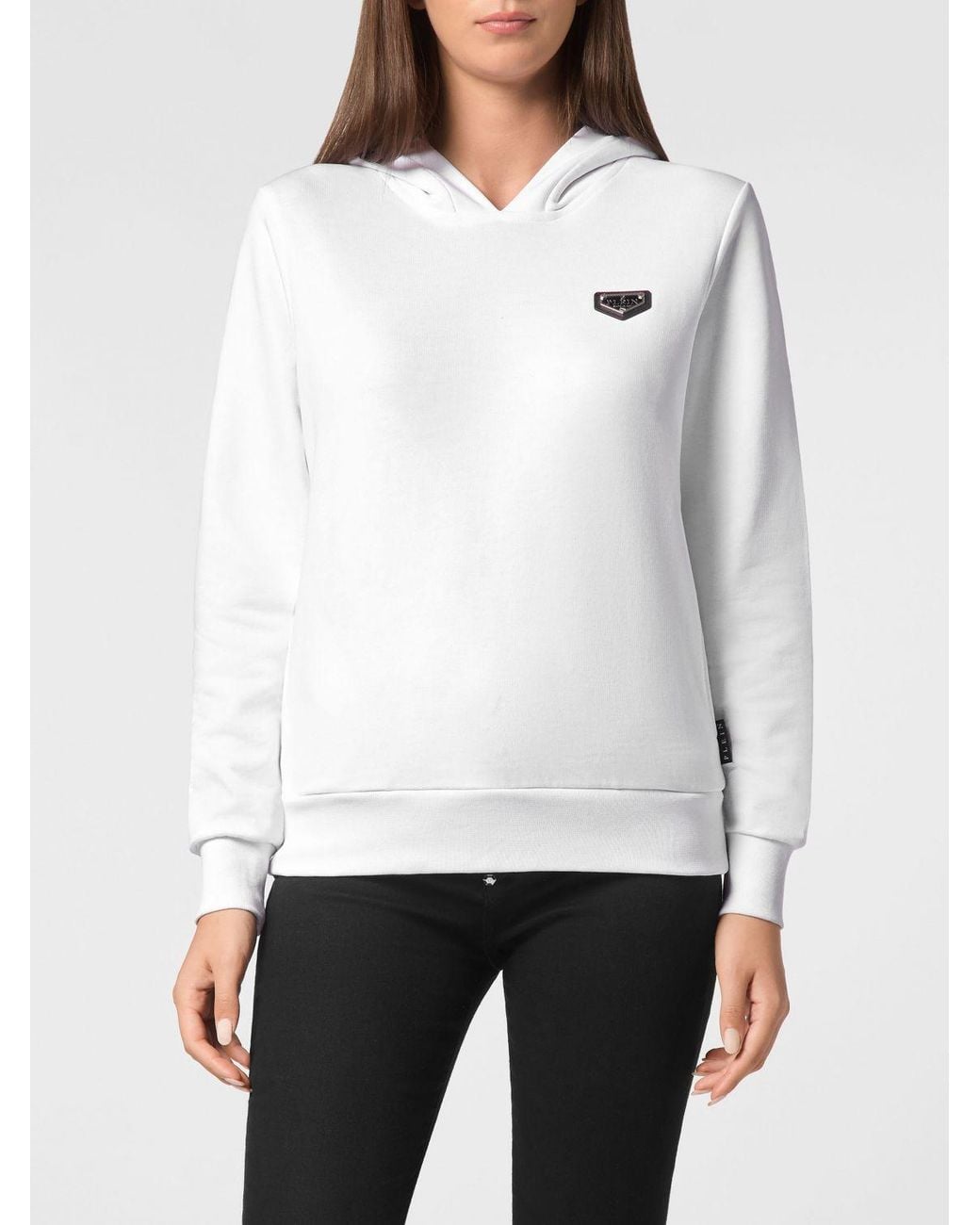 Philipp Plein White Contrast Logo Jersey Hoodie With Pouch Pockets
