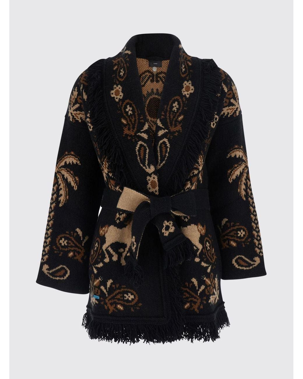Alanui Black Jacquard Wool And Cashmere Blend Cardigan With Fringed Trim And Belt