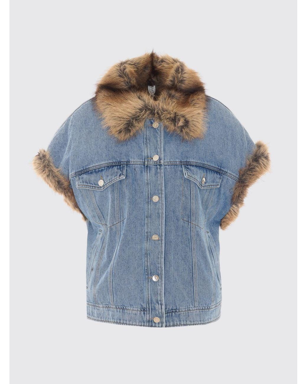 Liu Jo Blue Single-Breasted Waistcoat With Faux Fur Collar And Patch Pockets