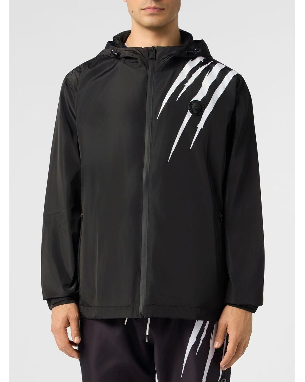 Philipp Plein Black Nylon Windbreaker Jacket With Hood And Rear Contrast Logo for men