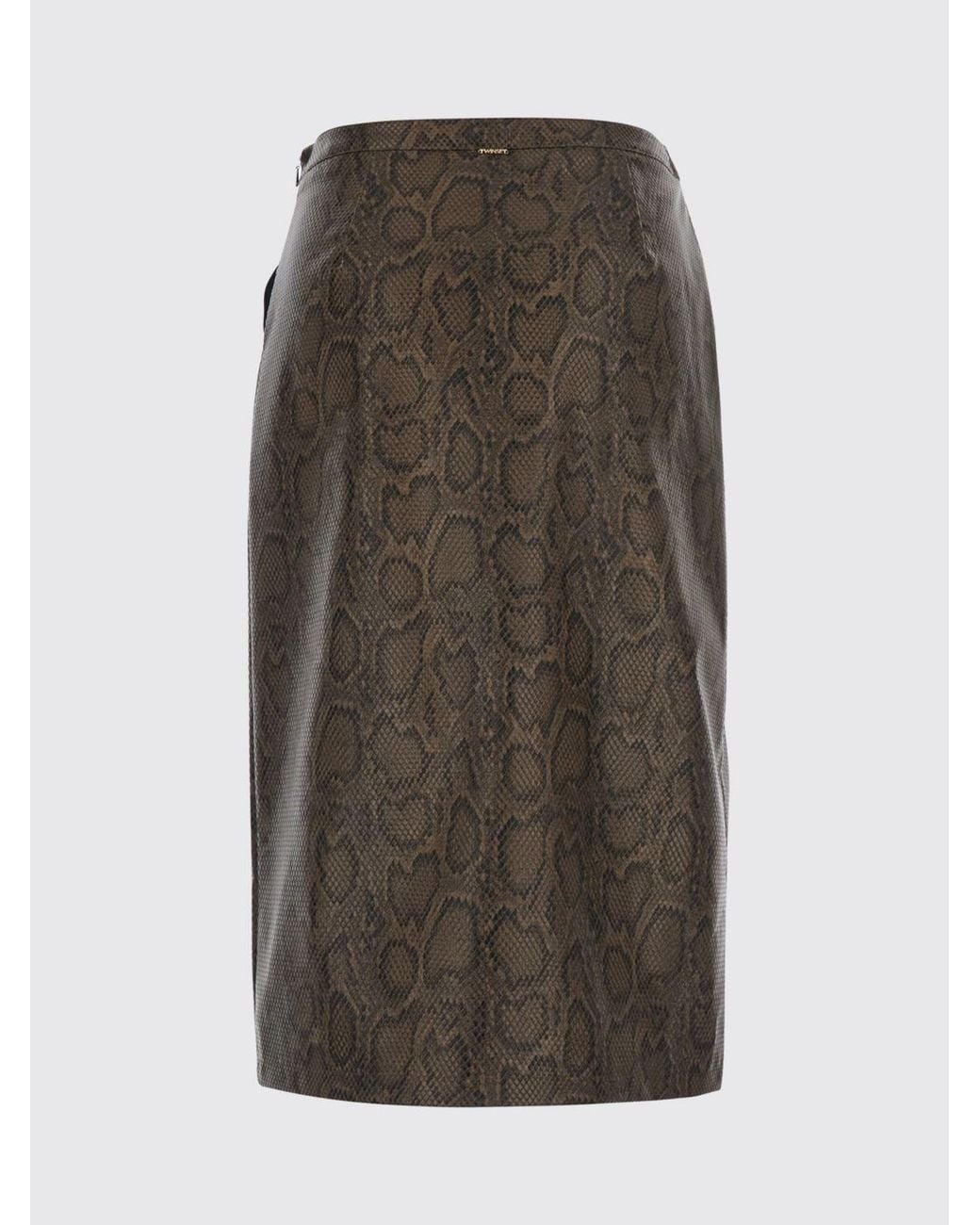 Twinset Brown Slim Fit Python Print Faux Leather Midi Pencil Skirt