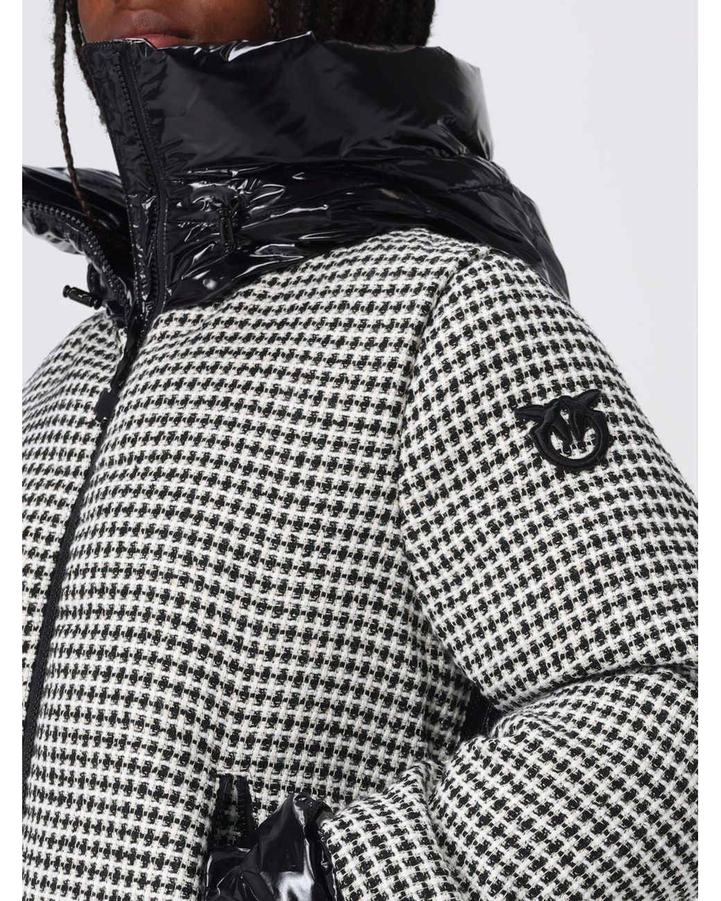 Pinko Gray Short Quilted Vichy Tweed And Nylon Down Jacket With Hood