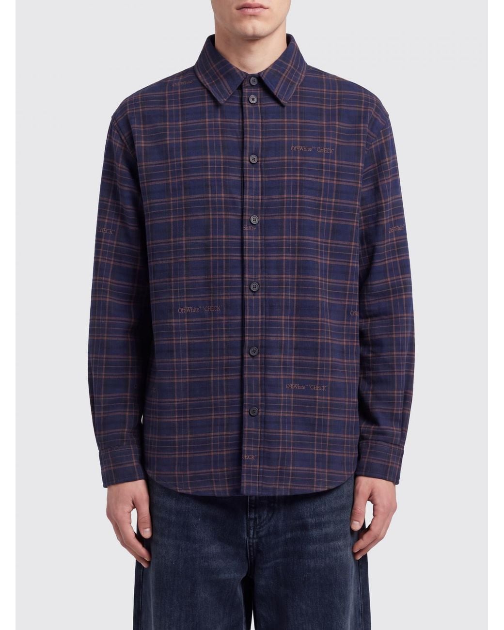 Off-White c/o Virgil Abloh Blue Tartan Cotton Shirt With Embroidered Logo for men