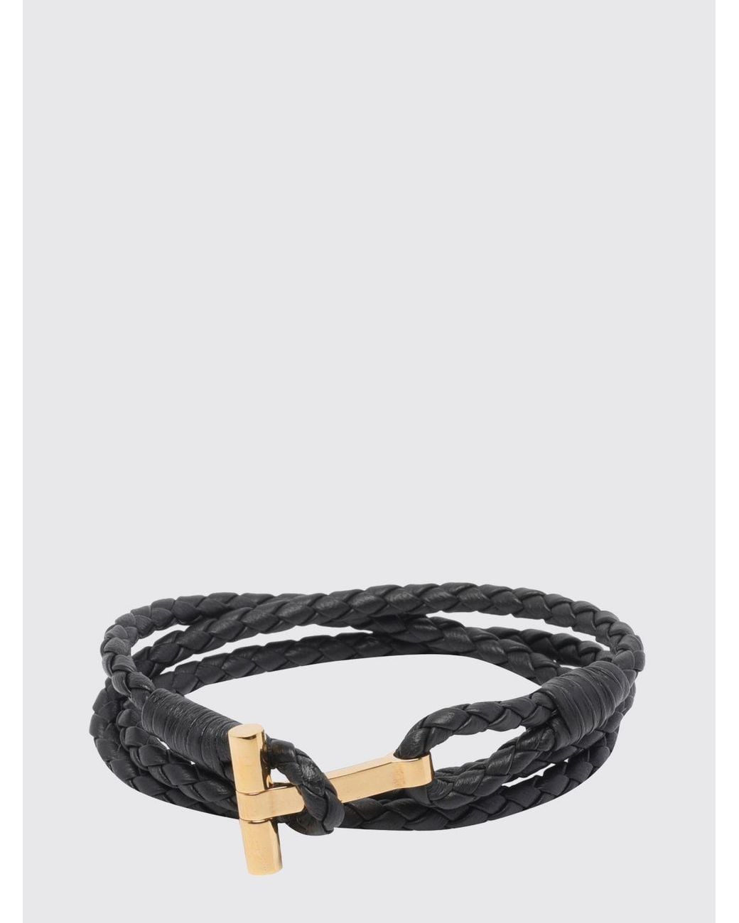 Tom Ford Black Multi-Strand Woven Leather Bracelet With T-Hook Clasp for men