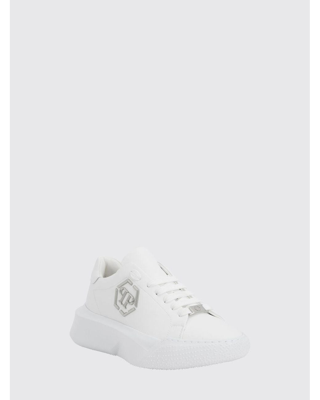 Philipp Plein White Low-Top Leather Sneakers With Hexagon Logo And Platform Sole for men