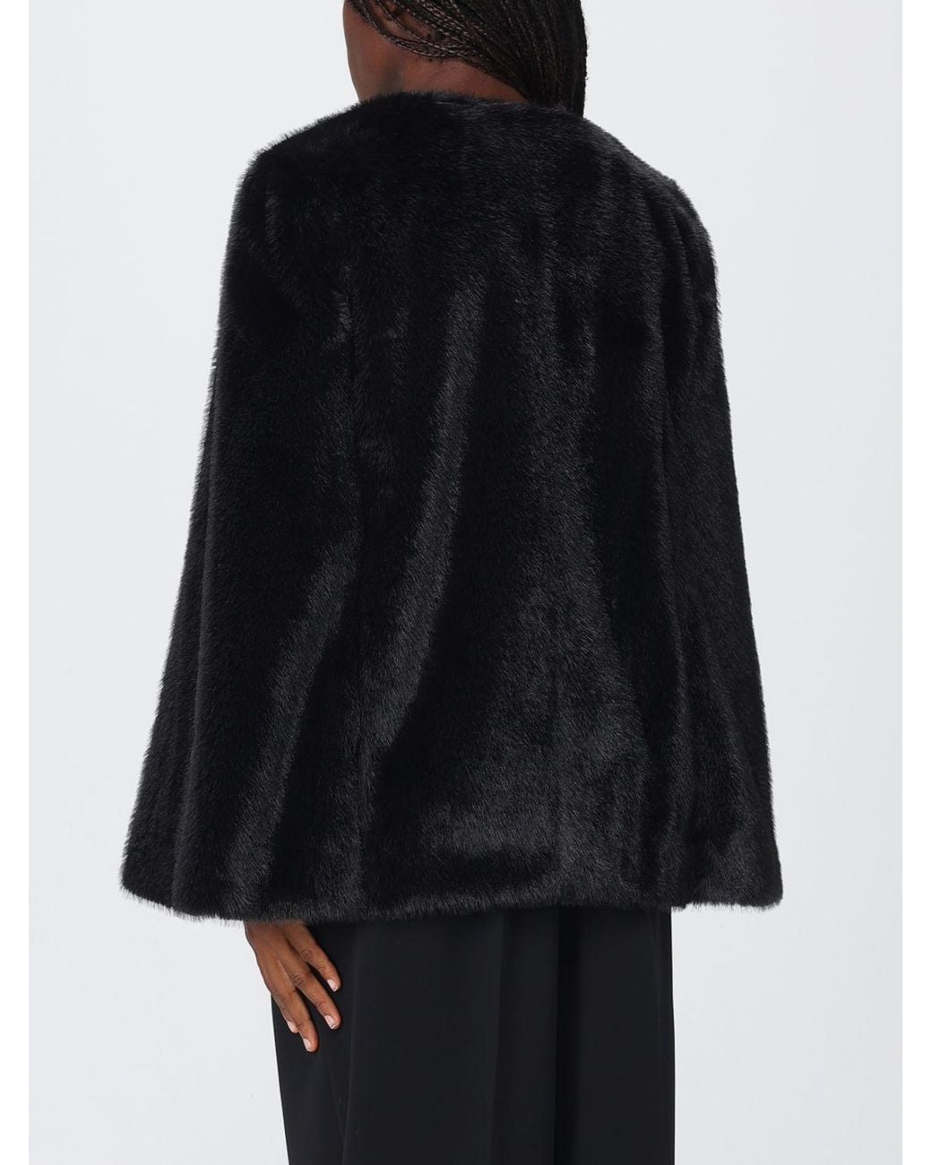 Twinset Black V-Neck Abstract Pattern Faux Fur Coat