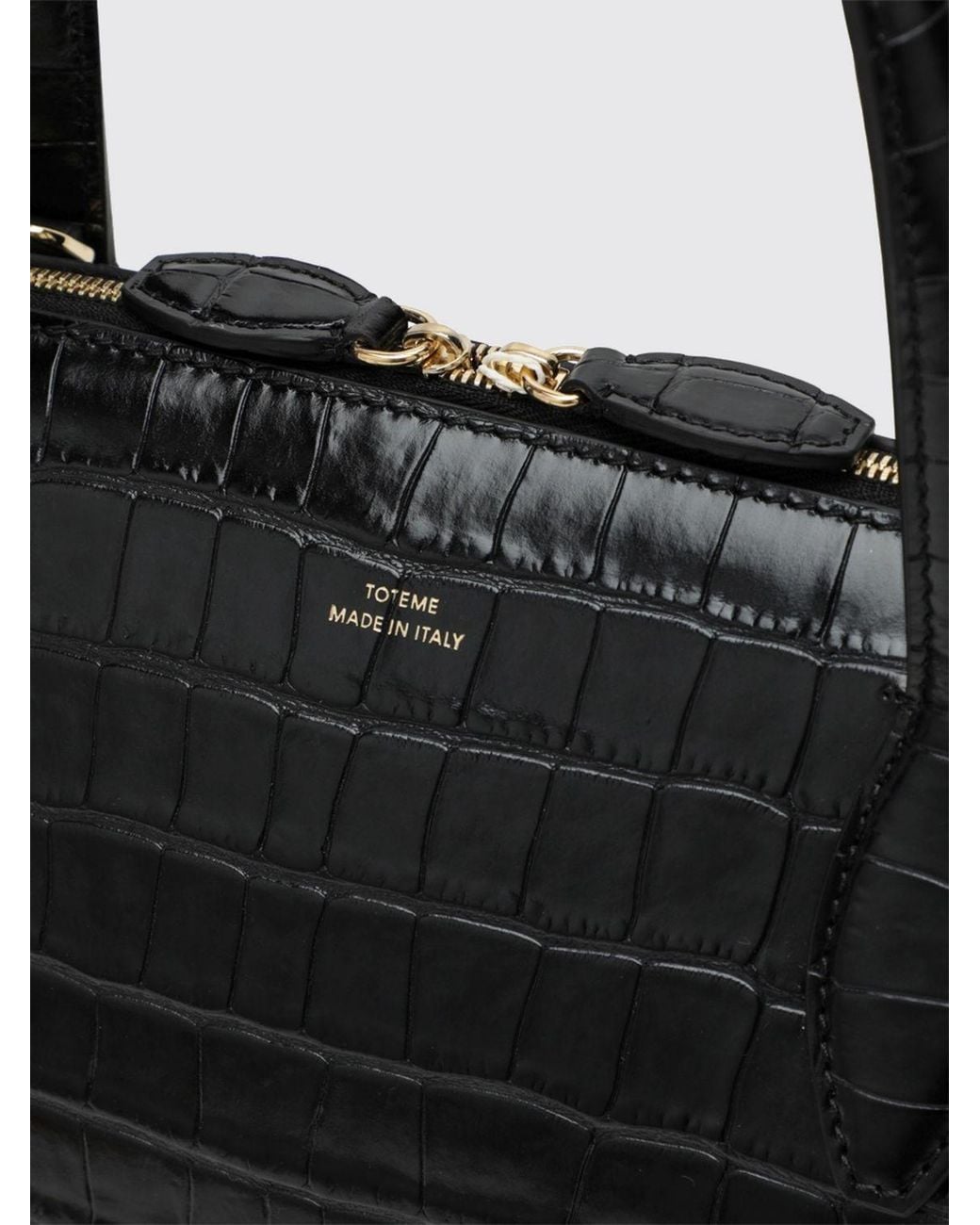 Totême Black Leather Handbag With Croc Print, Double Handle And Shoulder Strap