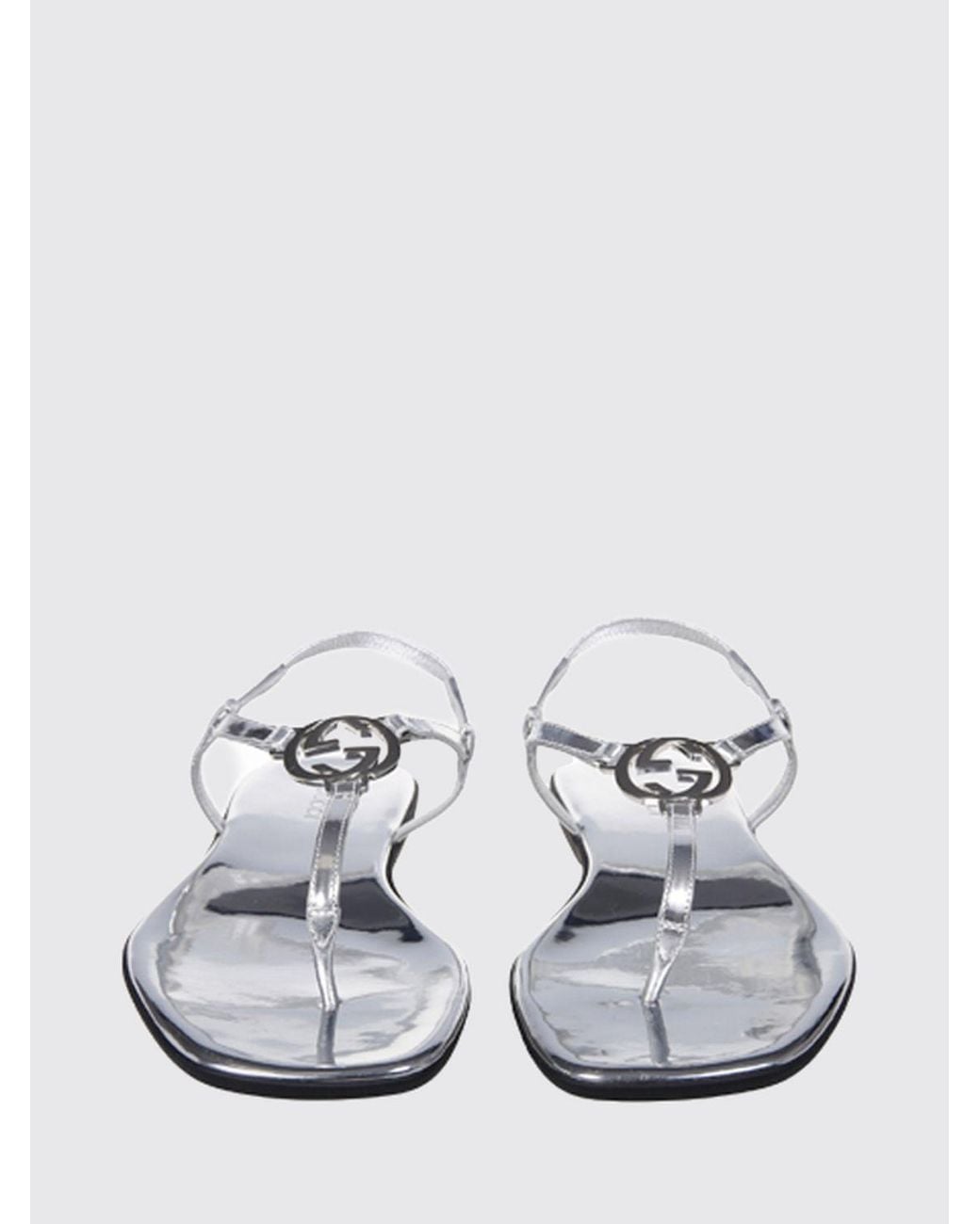Gucci White Gg Laminated Leather Thong Sandals With Low Heel And Logo