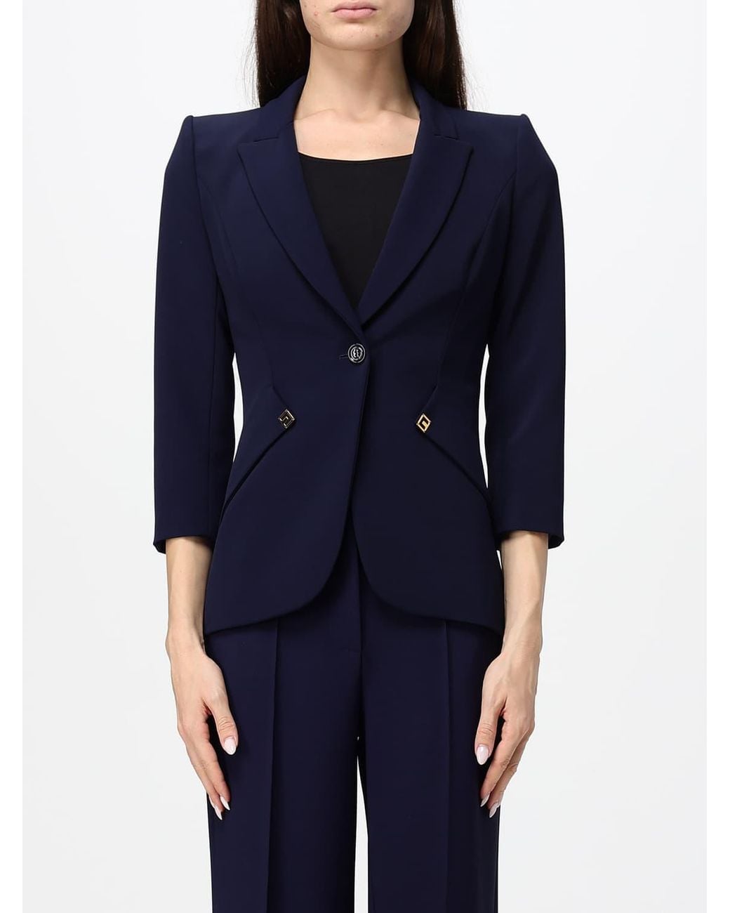 Elisabetta Franchi Blue Cropped Single-Breasted Slim Fit Blazer With Peak Lapels