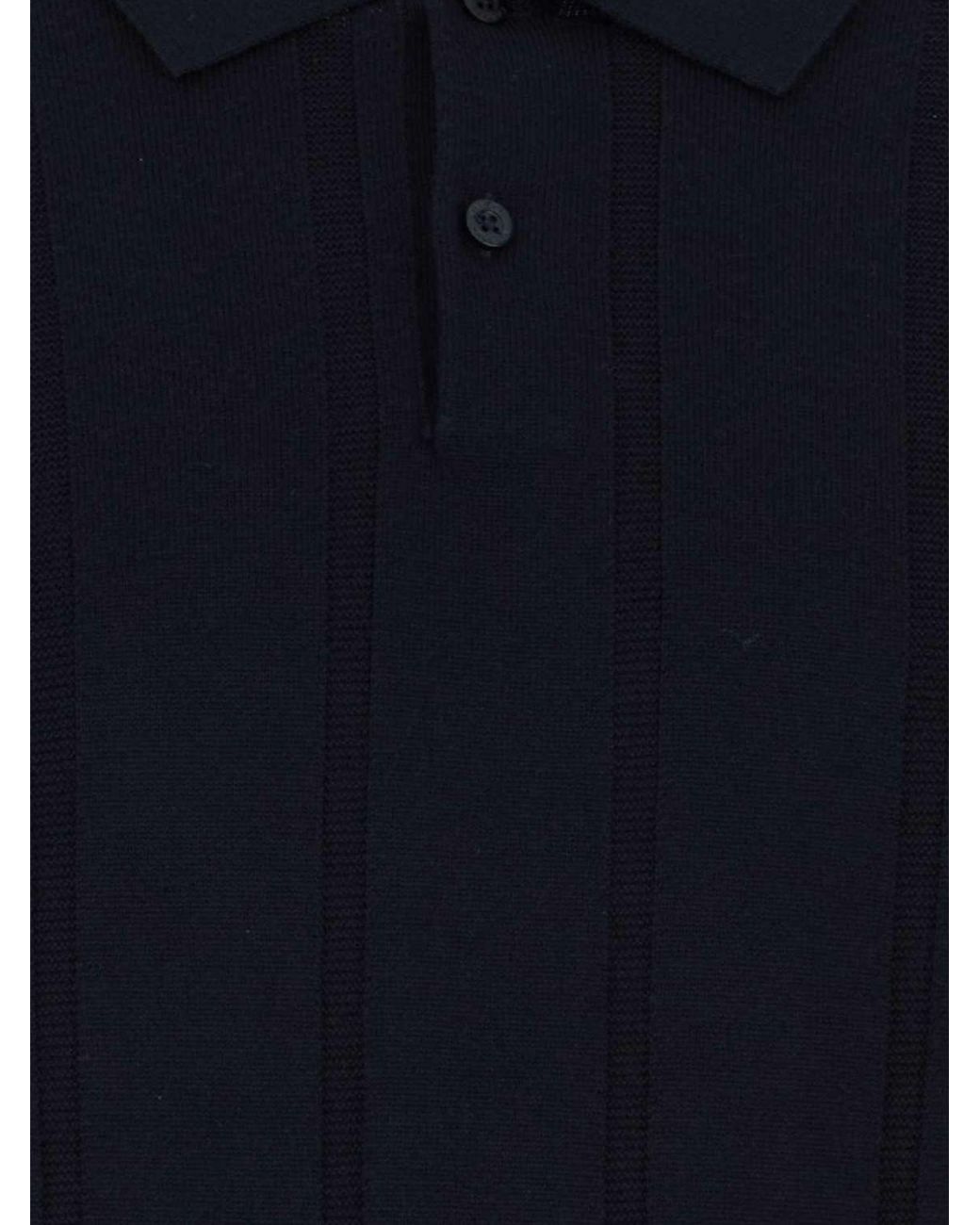 Canali Blue Long-Sleeved Virgin Wool Knit Polo With A Two-Button Placket for men