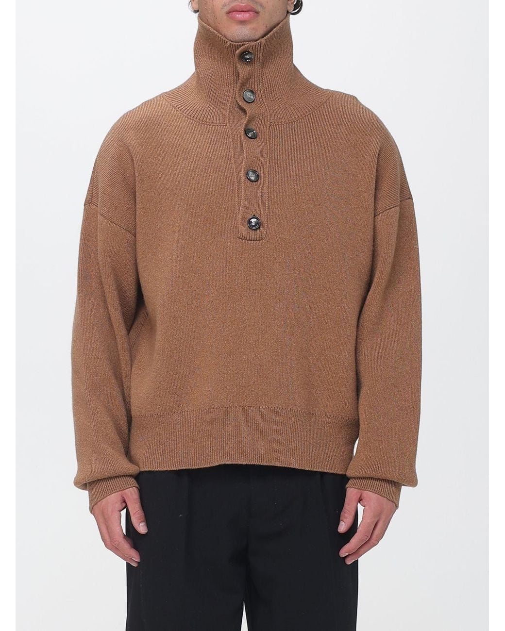 AMI Brown High Neck Wool Jumper With 4-Button Placket for men