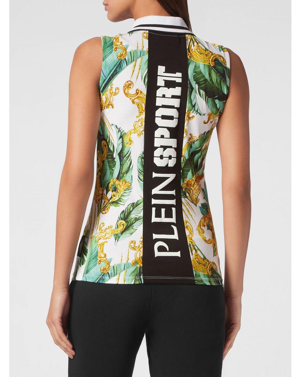 Philipp Plein Green Sleeveless Cotton Polo Shirt With All-Over Baroque Print
