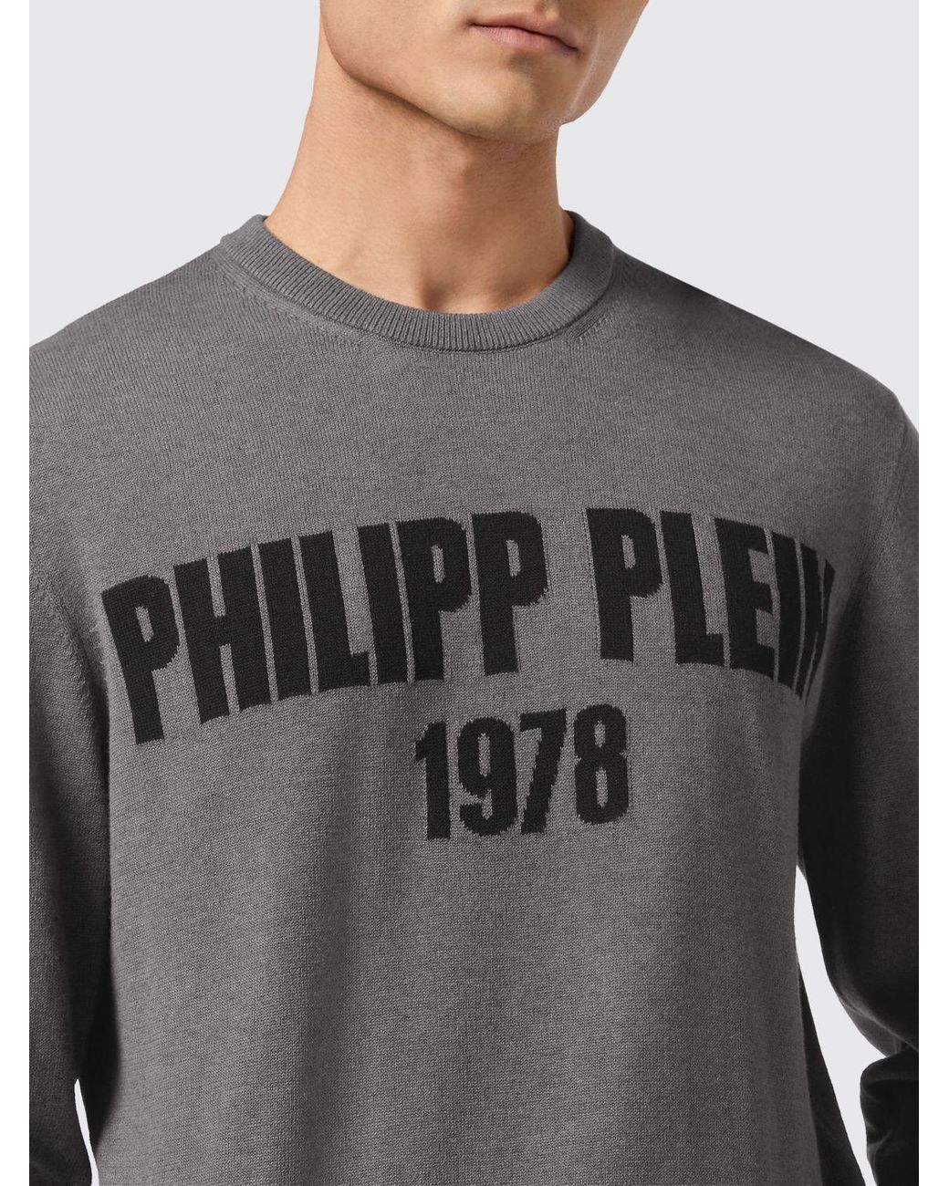Philipp Plein Gray Wool And Cotton Blend Crewneck Jumper With All-Over Jacquard Logo Pattern for men