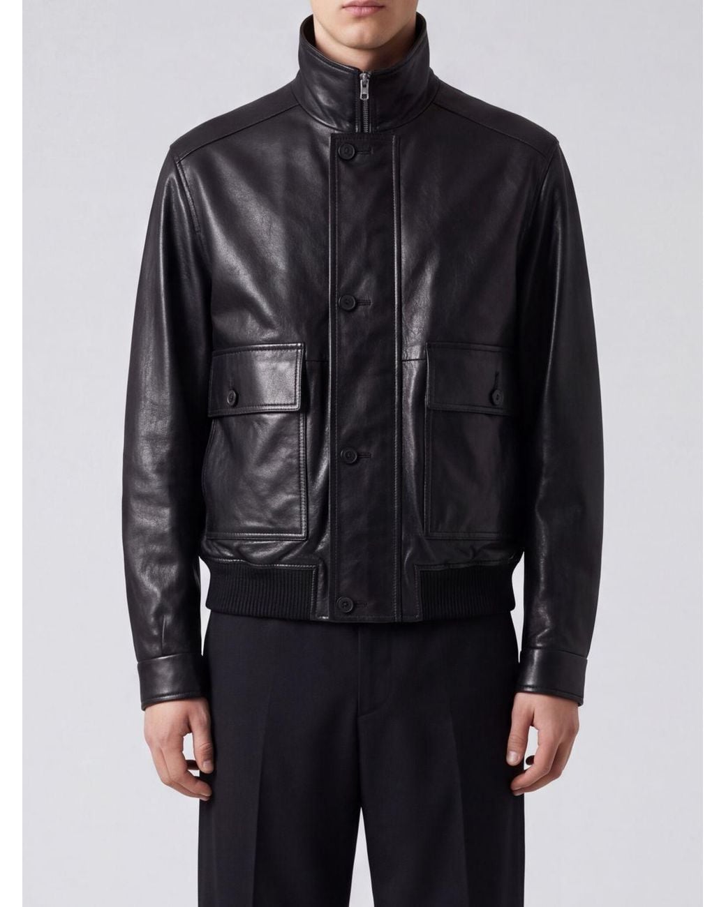 Auralee Black Leather Bomber Jacket With High Collar And Flap Pockets for men