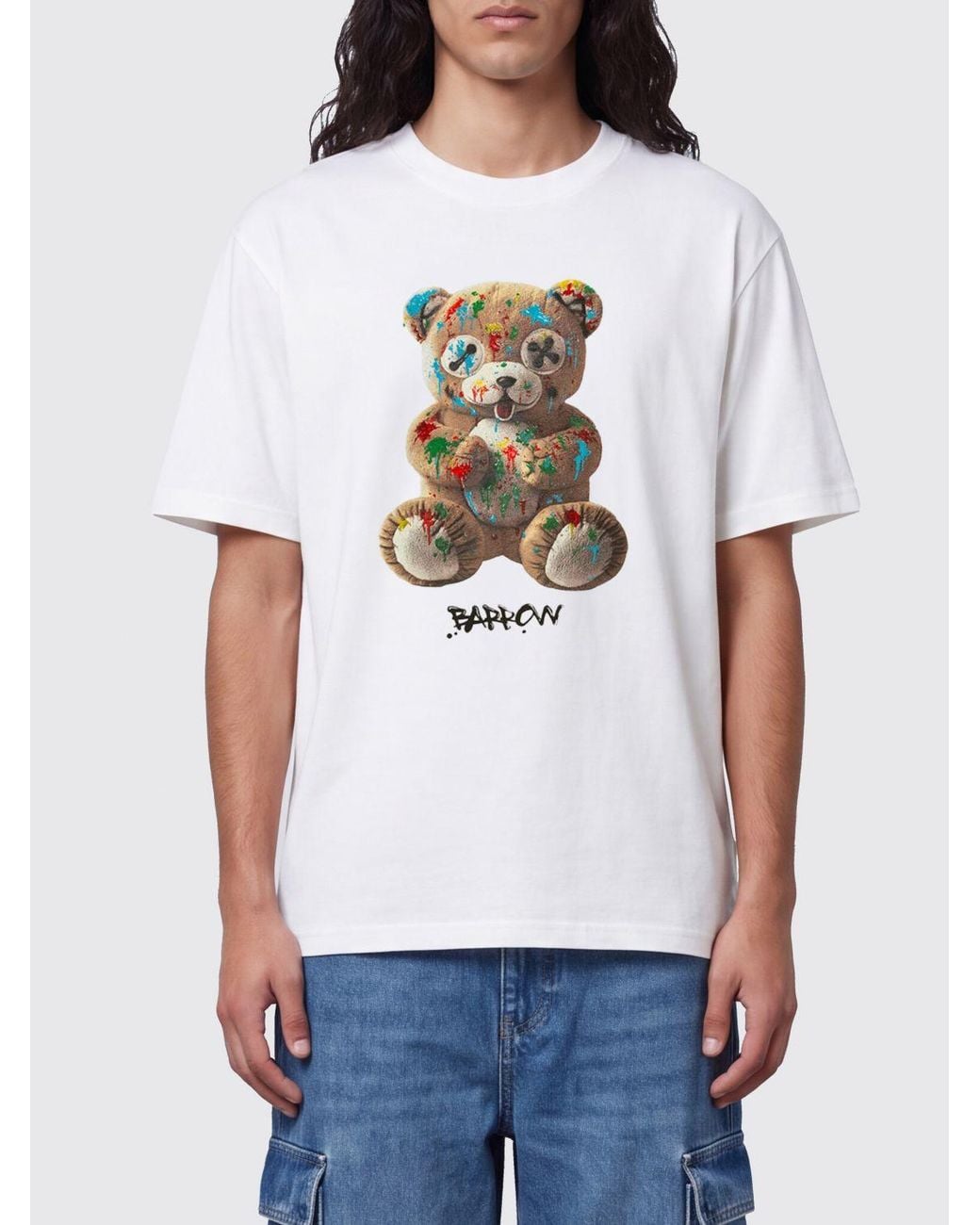 Barrow White Cotton T-Shirt With Teddy Bear Print And Contrast Logo for men