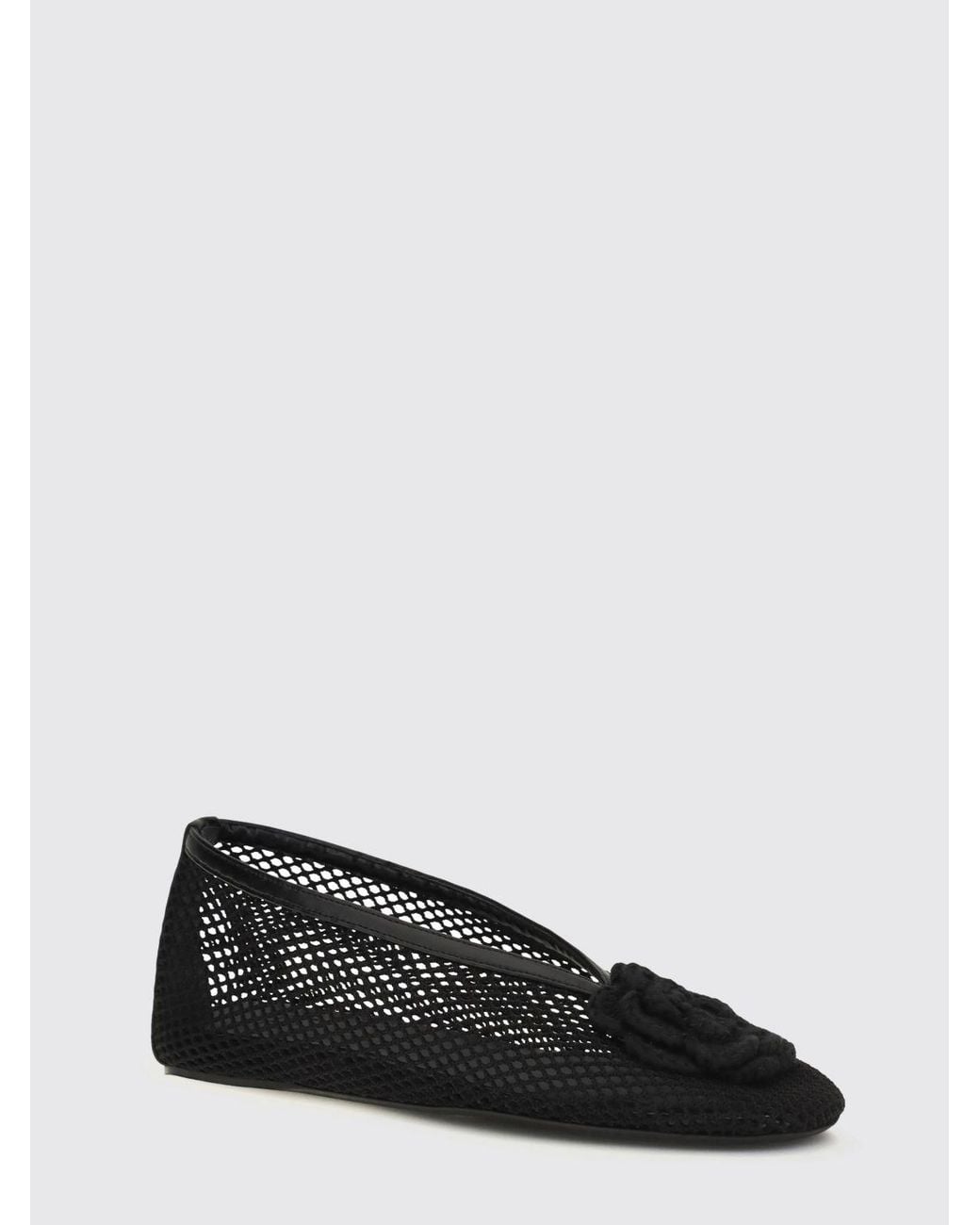 Ganni Black Jenny Perforated Technical Fabric Ballet Flats With Flower Appliqué
