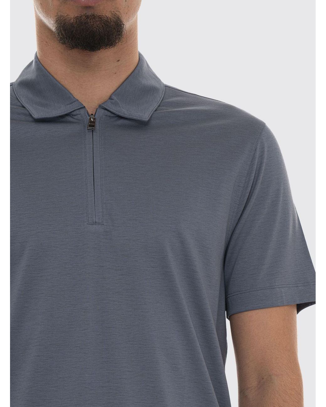 Boss Blue Cotton Polo Shirt With Zip Closure for men