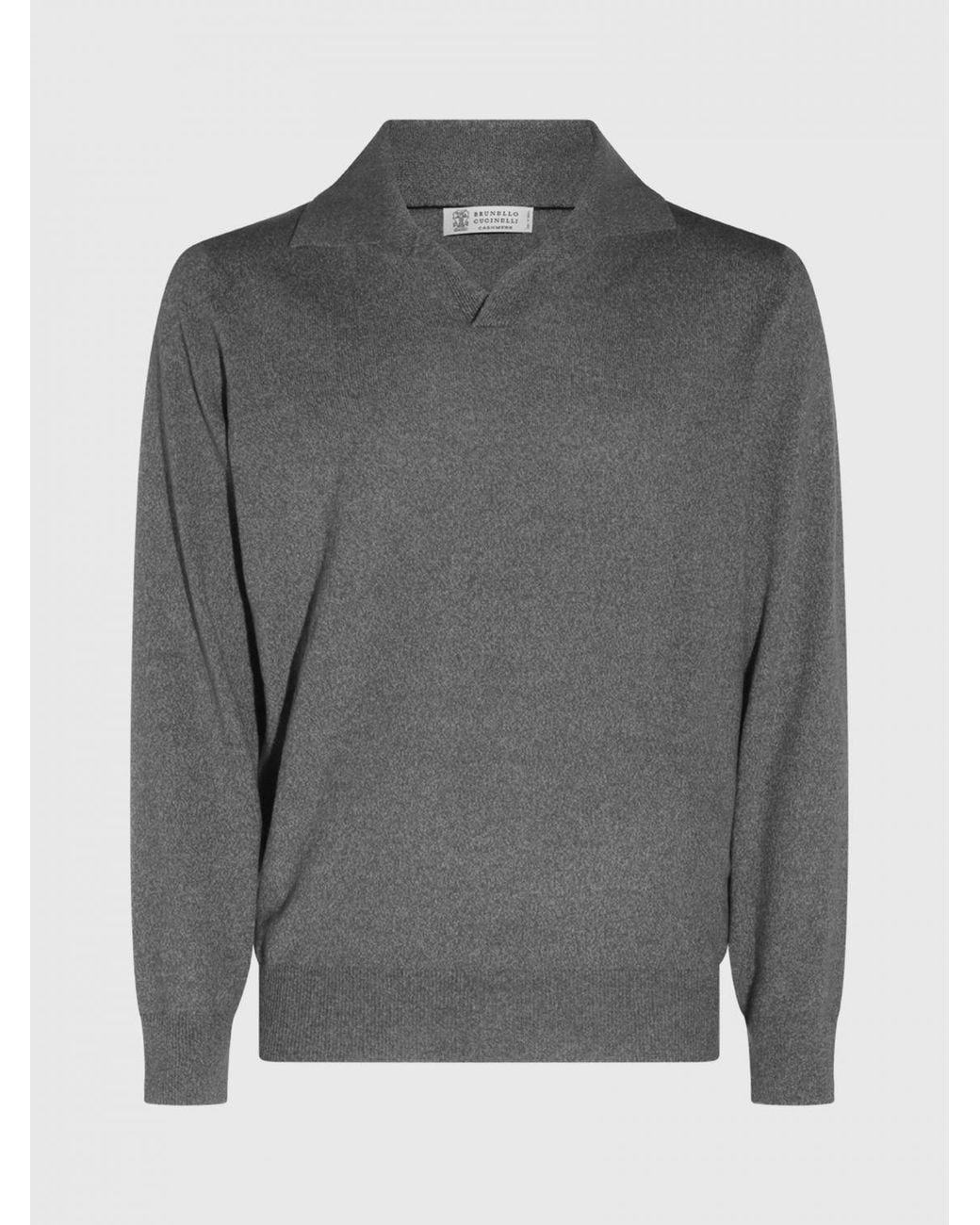 Brunello Cucinelli Gray Long-Sleeved V-Neck Polo for men