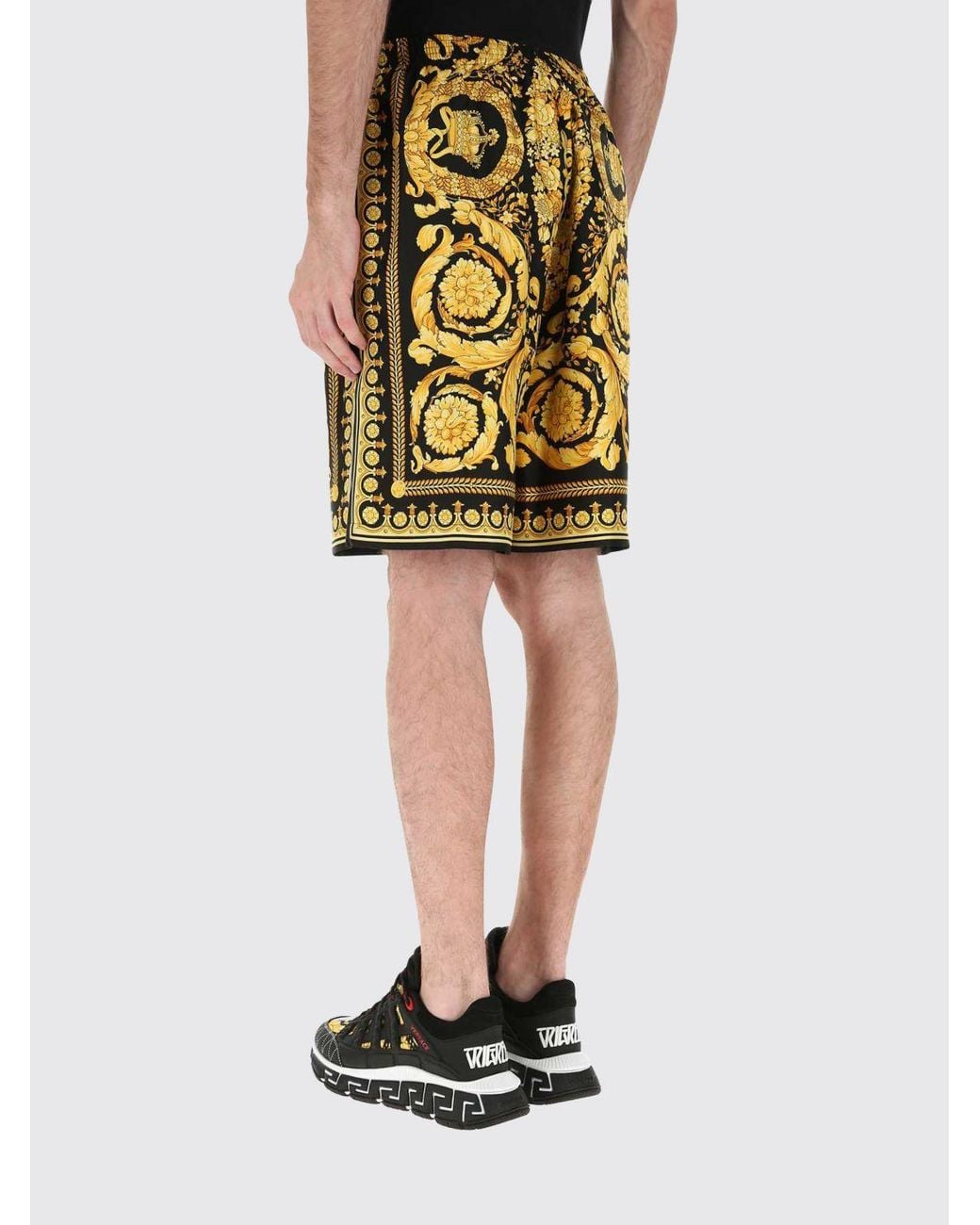 Versace Yellow Silk Jogging Shorts With Baroque Print And Regular Fit for men