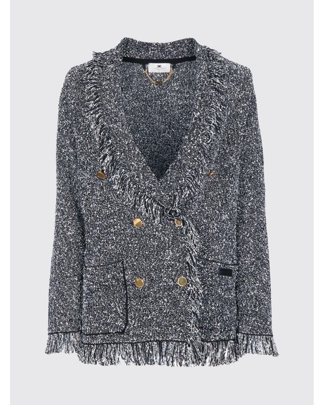 Elisabetta Franchi Gray Double-Breasted Wool Blend Blazer With Fringes And Shawl Collar