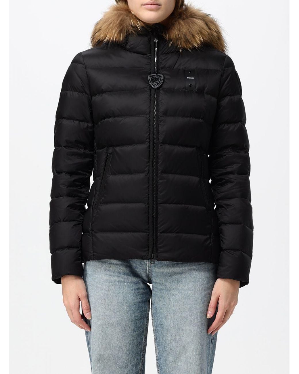 Blauer Black Short Quilted Nylon Down Jacket With Shearling Hood And Slim Fit