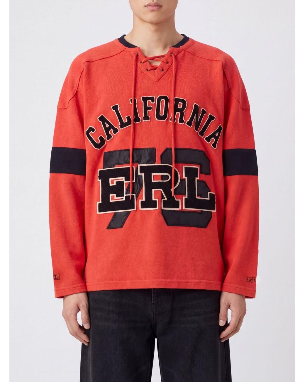 ERL Red Hockey Relaxed Fit Cotton Sweatshirt With V-Neck And Contrast Logo for men