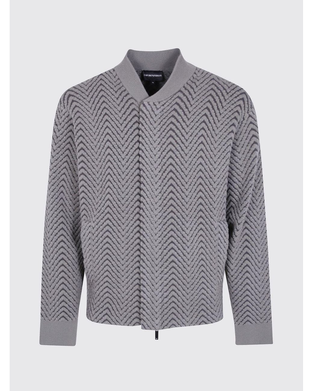 Emporio Armani Gray Zig-Zag Pattern Virgin Wool Bomber Jacket With Ribbed Collar for men