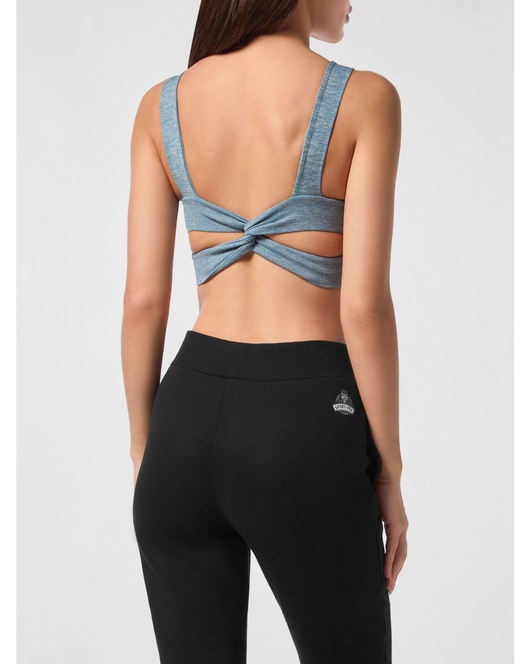 Philipp Plein Blue Camouflage Print Cropped Jersey Sports Top With Thin Straps