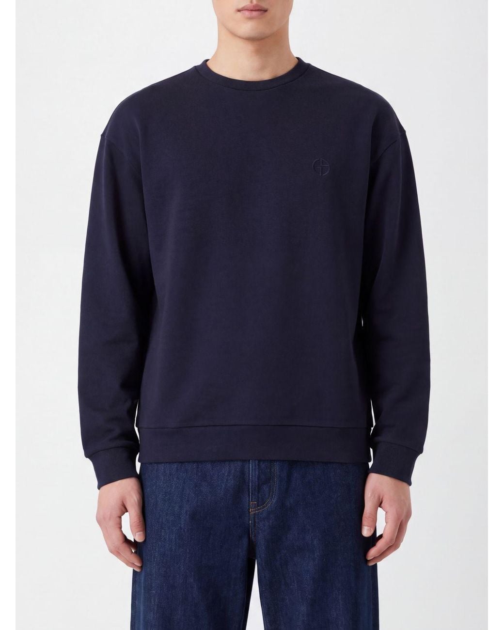 Giorgio Armani Blue Cotton Crewneck Jumper With Embroidered Monogram for men