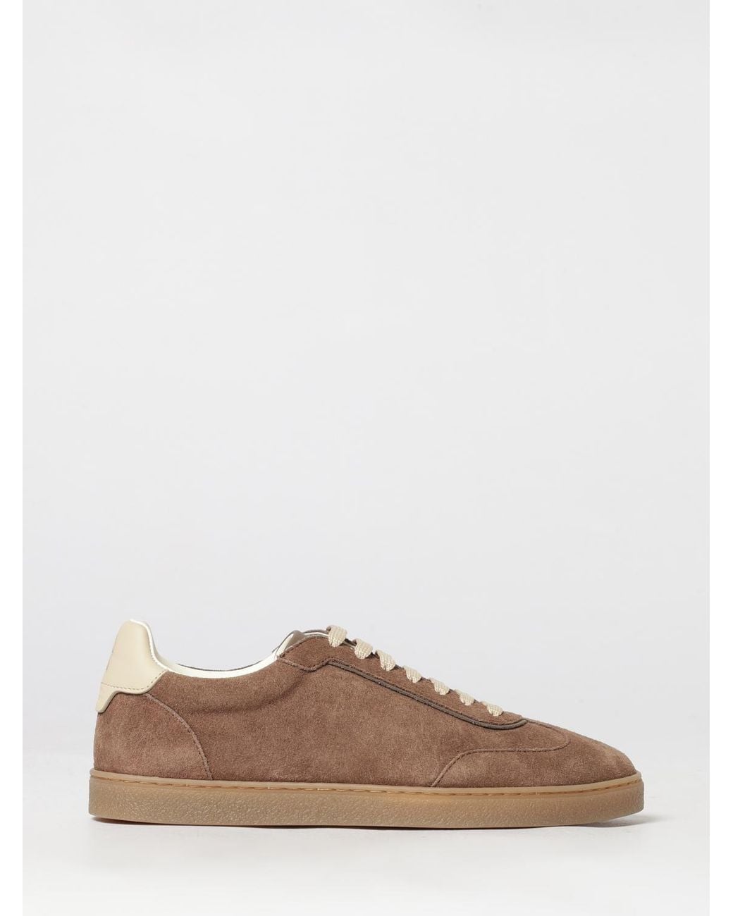 Brunello Cucinelli Brown Low-Top Suede Calfskin Sneakers With Laminated Logo for men