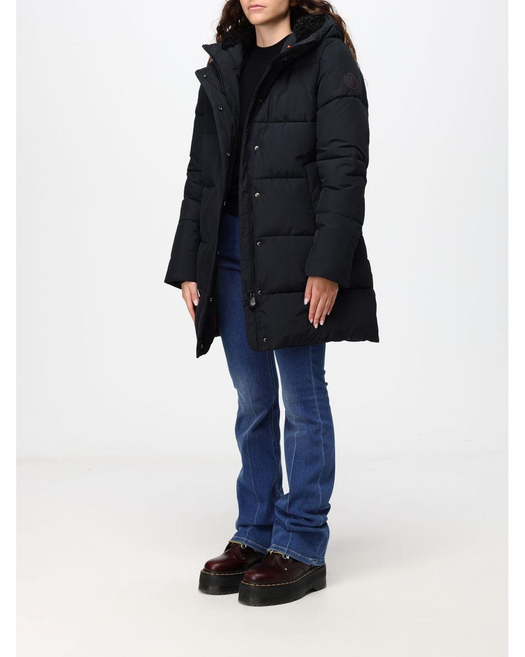 Save The Duck Blue Knee-Length Quilted Puffer Jacket With Hood And High Neck