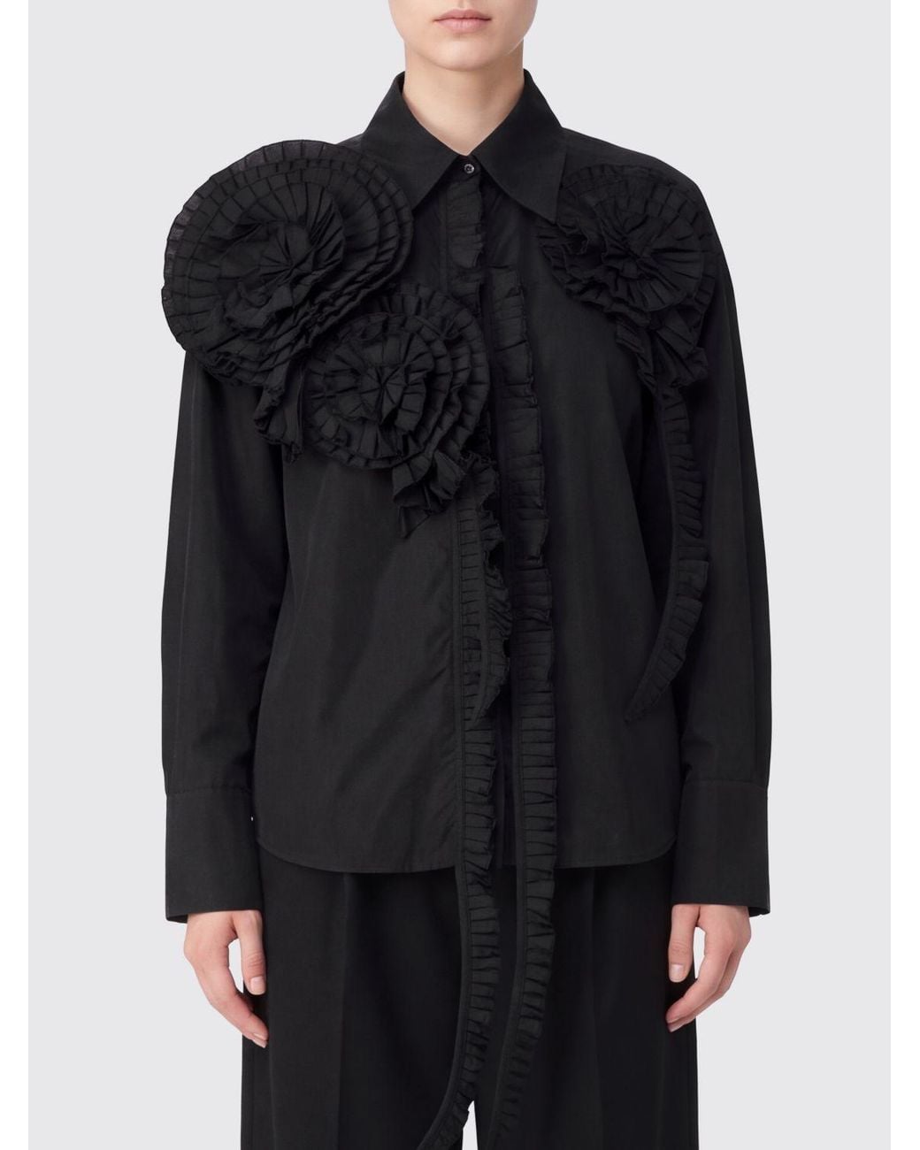 Blumarine Black Cotton Poplin Shirt With Flower Appliqué