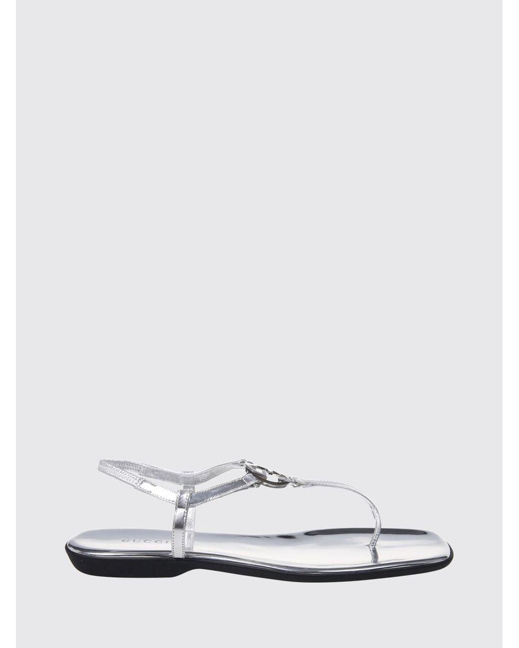 Gucci White Gg Laminated Leather Thong Sandals With Low Heel And Logo