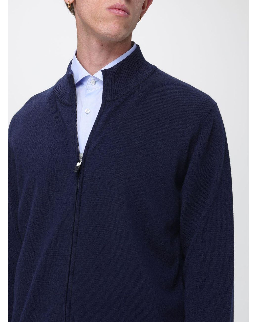 Canali Blue Wool And Cashmere Blend Mock Neck Zip-Up Cardigan for men