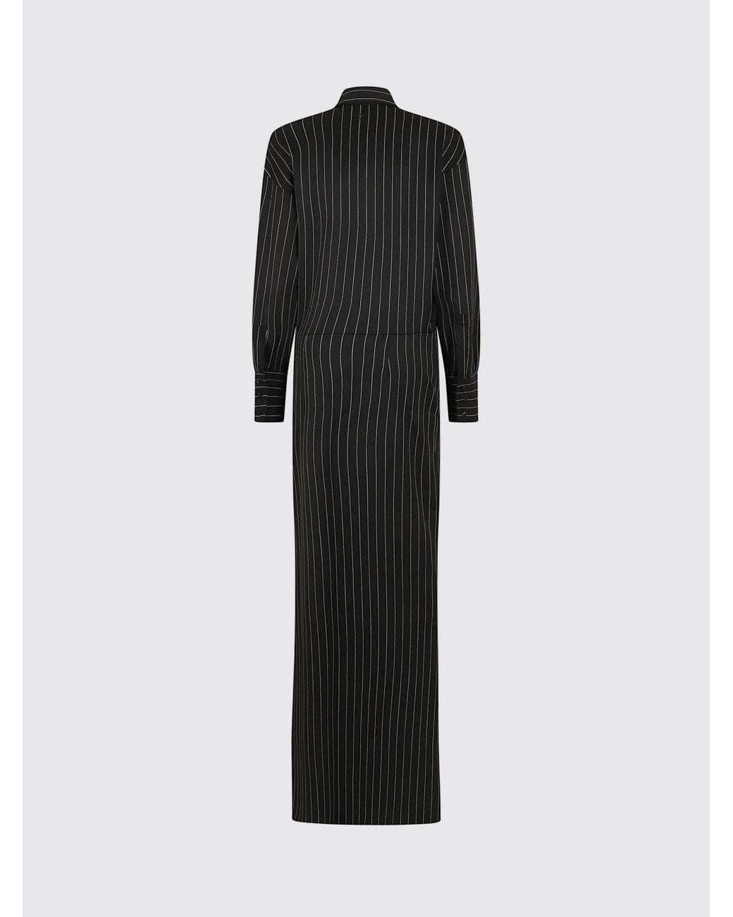 Dondup Black Striped Virgin Wool Long Sheath Dress With Draped Waist