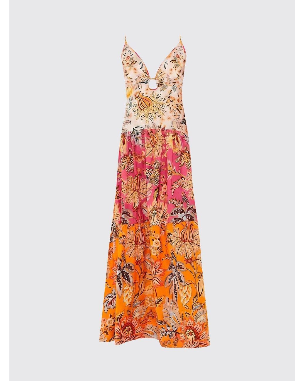 Farm Rio Orange Ligia Floral-Print Cotton Midi Dress With V-Neck