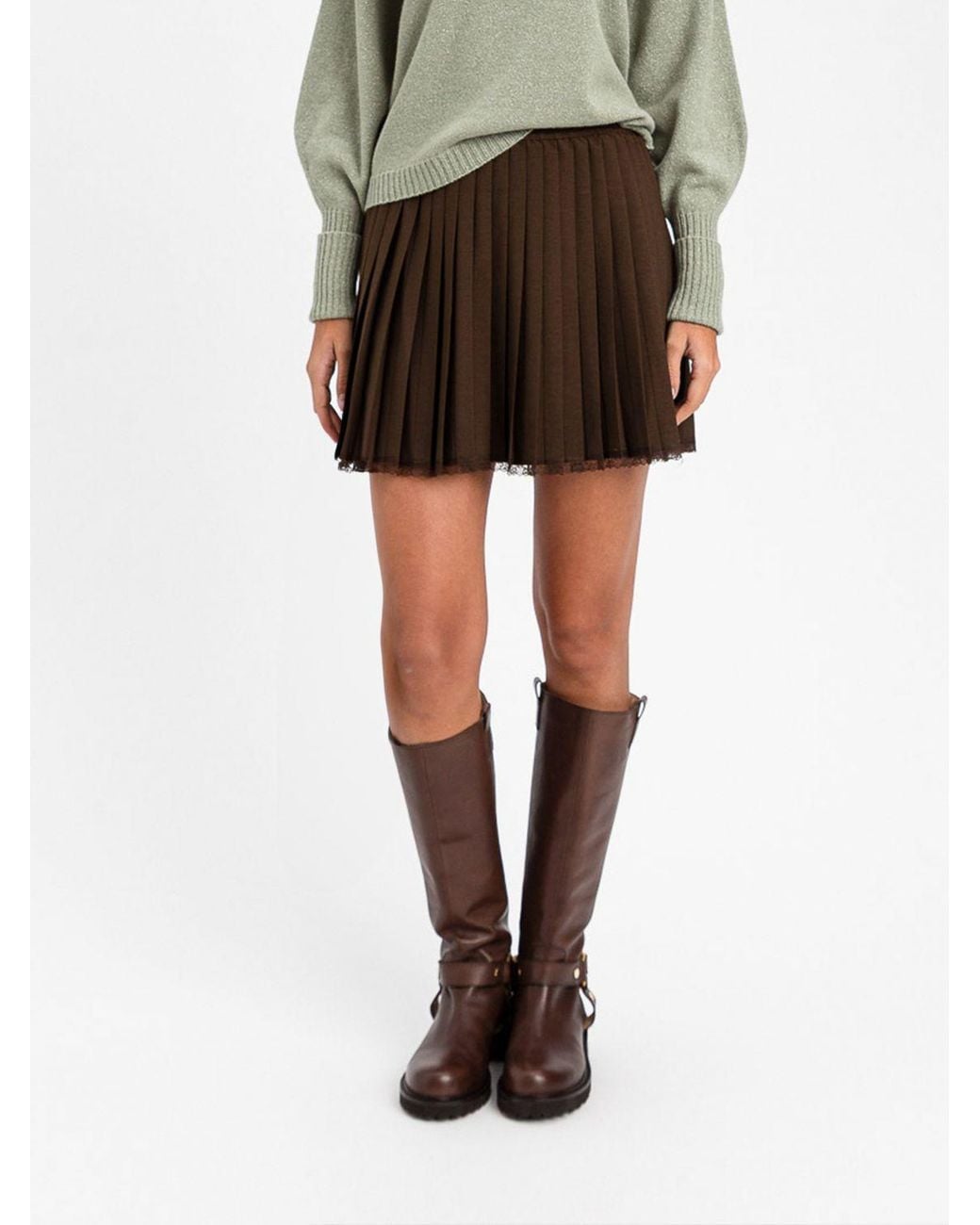 Twinset Brown Pleated Crêpe Mini Skirt With An Elasticated Waist