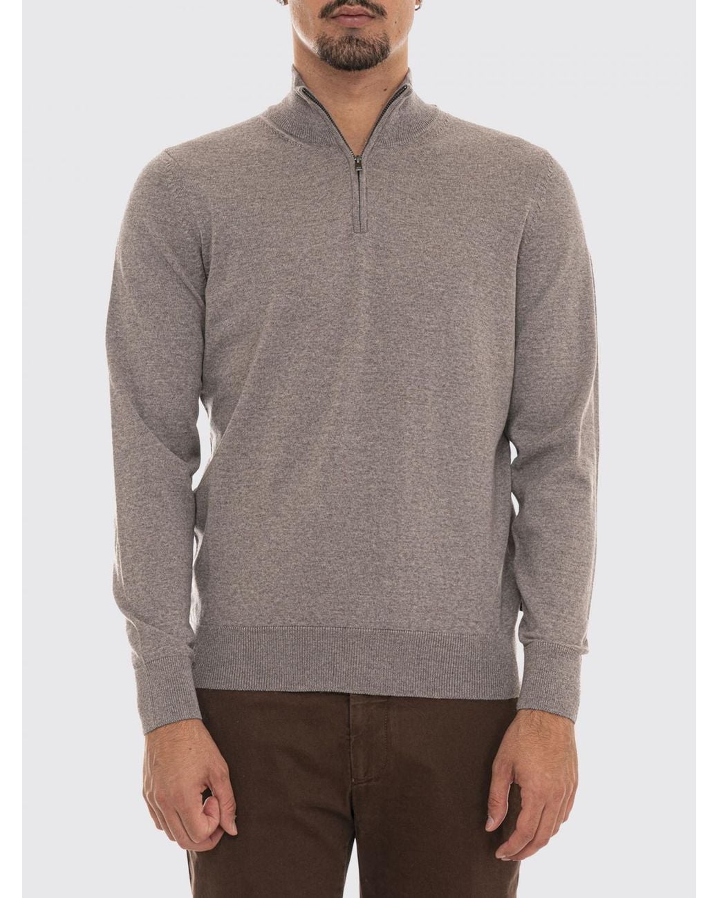Boss Gray Pure Wool Half-Zip Turtleneck Jumper With Ribbed Hems for men