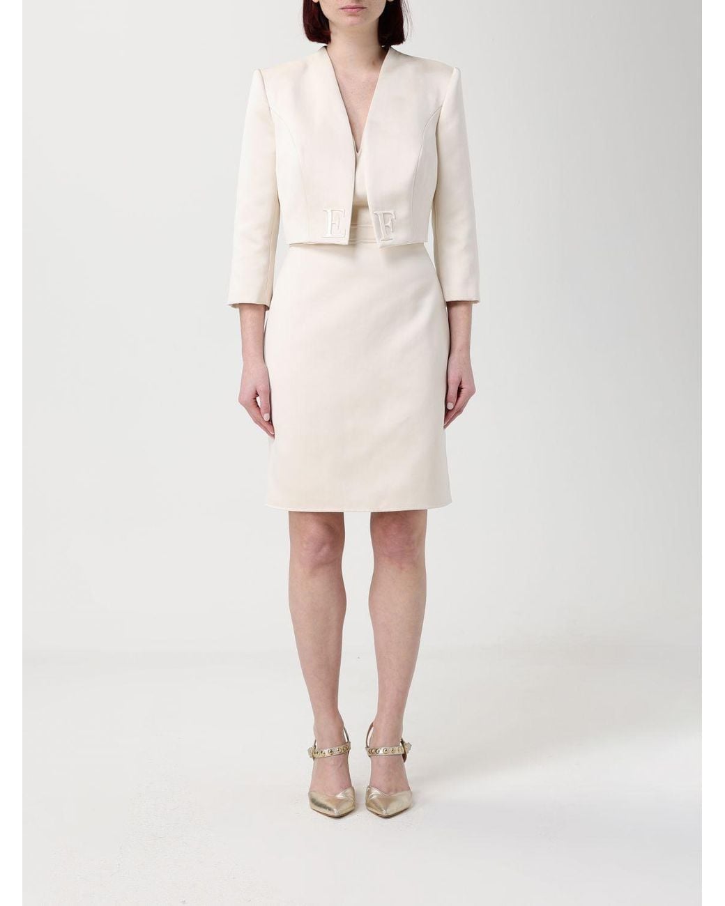 Elisabetta Franchi Natural Duchesse Dress With Crop Jacket