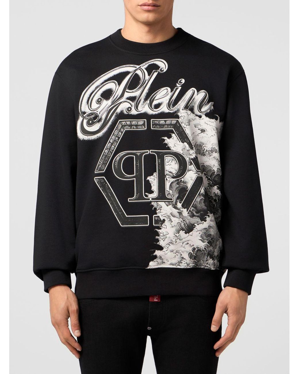 Philipp Plein Black Cotton Crewneck Sweatshirt With Graphic Print And Hexagon Logo for men
