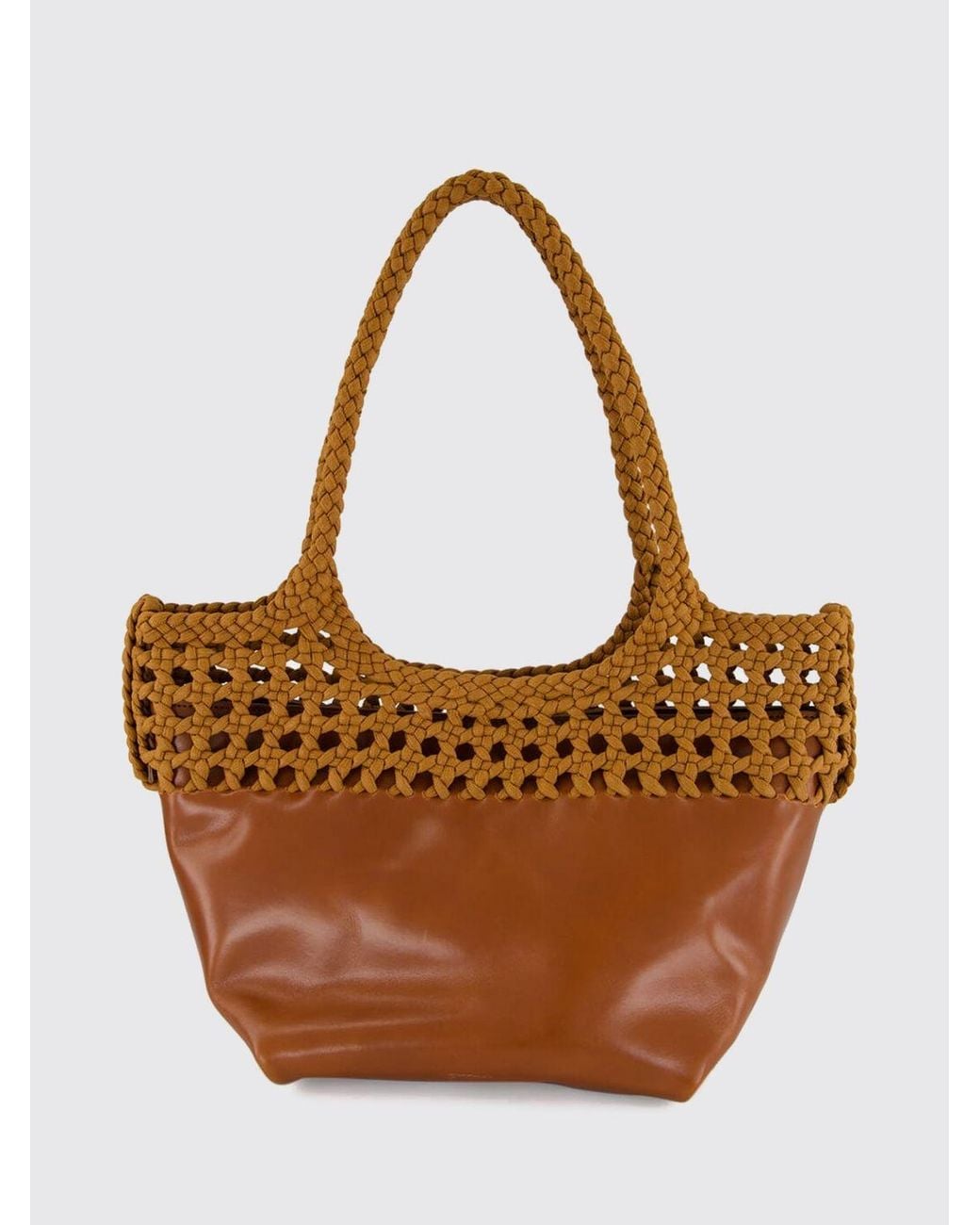 Hereu Brown Elma Crochet Leather And Organic Cotton Tote Bag