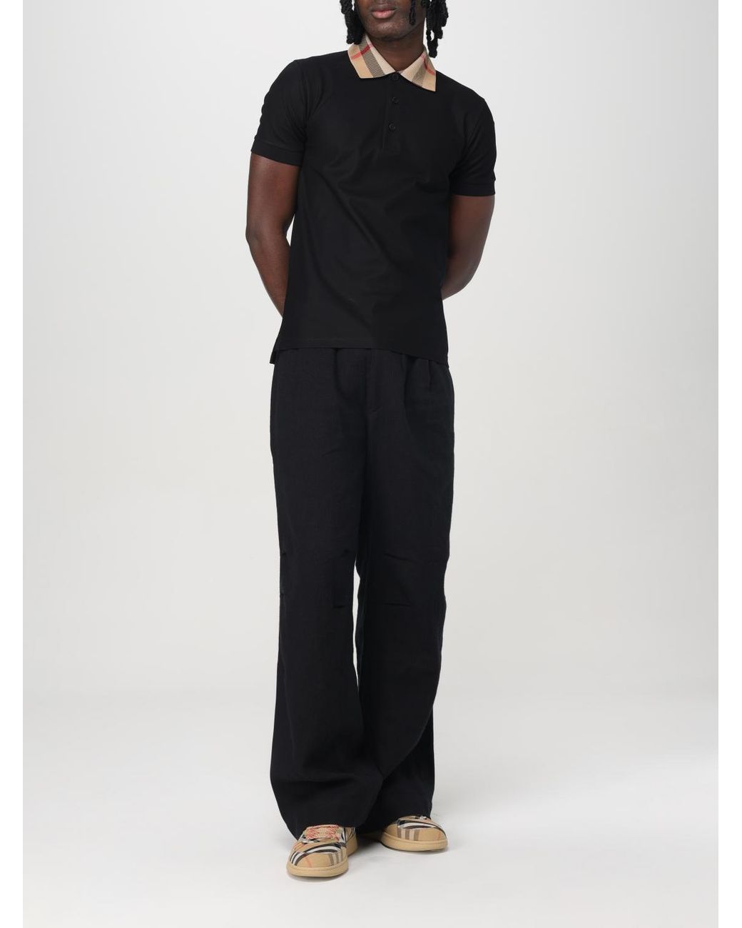 Burberry Black Cotton Polo Shirt With Check Collar for men
