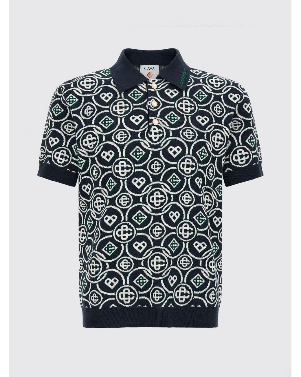 Casablanca Blue Knitted Cotton Polo Shirt With Contrast Logo And Ribbed Trims for men