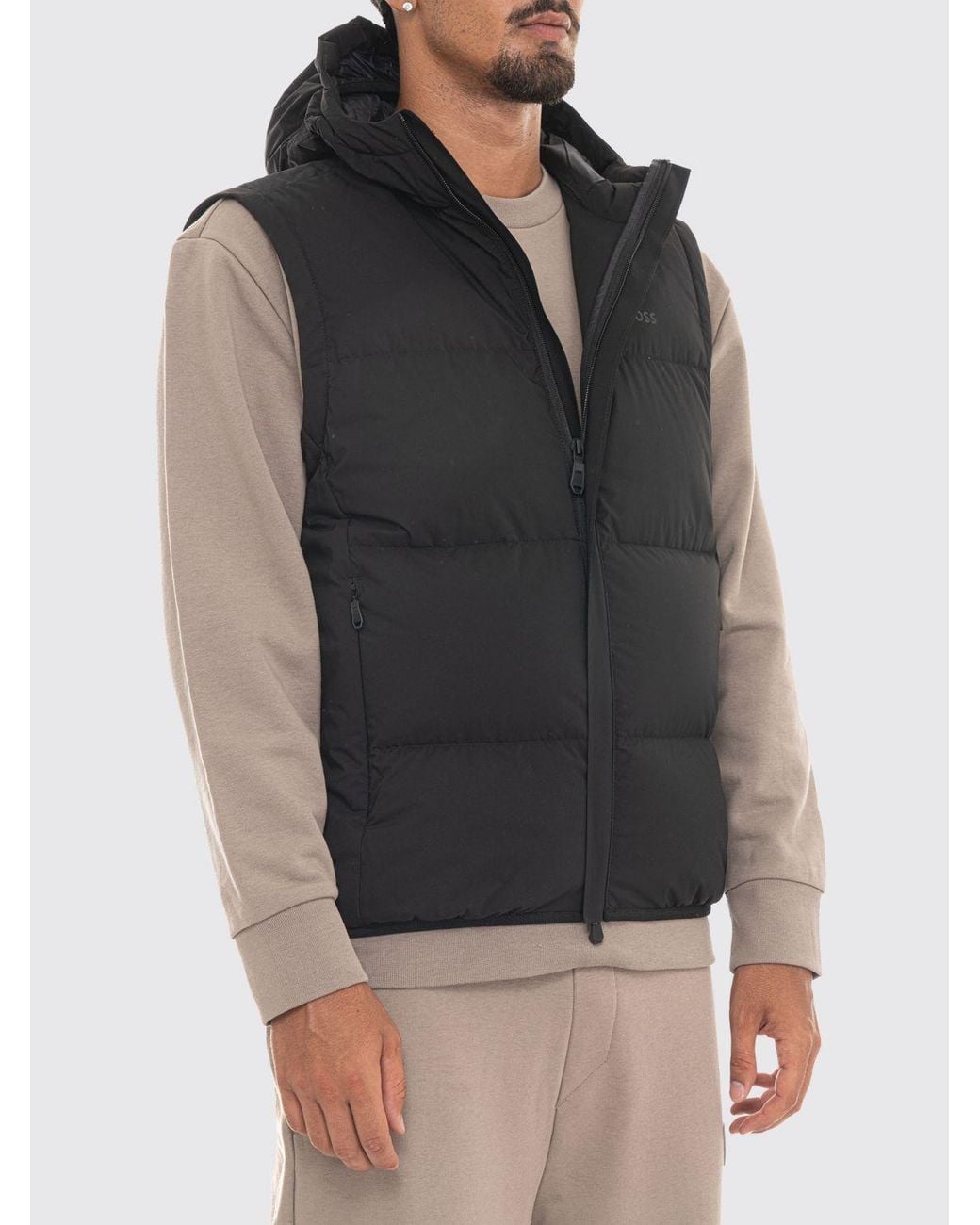 Boss Black Waterproof Quilted Nylon Gilet With Padded Hood And High Collar for men