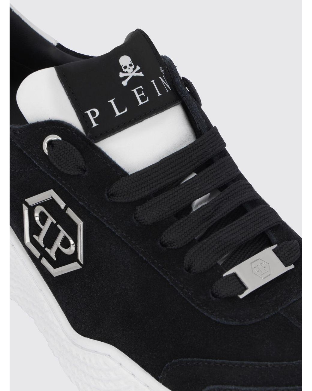 Philipp Plein White Low Top Leather And Suede Sneakers With Hexagon Logo for men