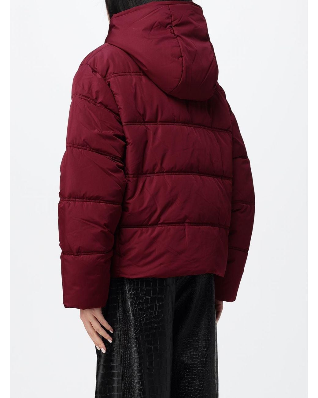 DISCLAIMER Red Quilted Short Puffer Jacket With Hood And Funnel Neck
