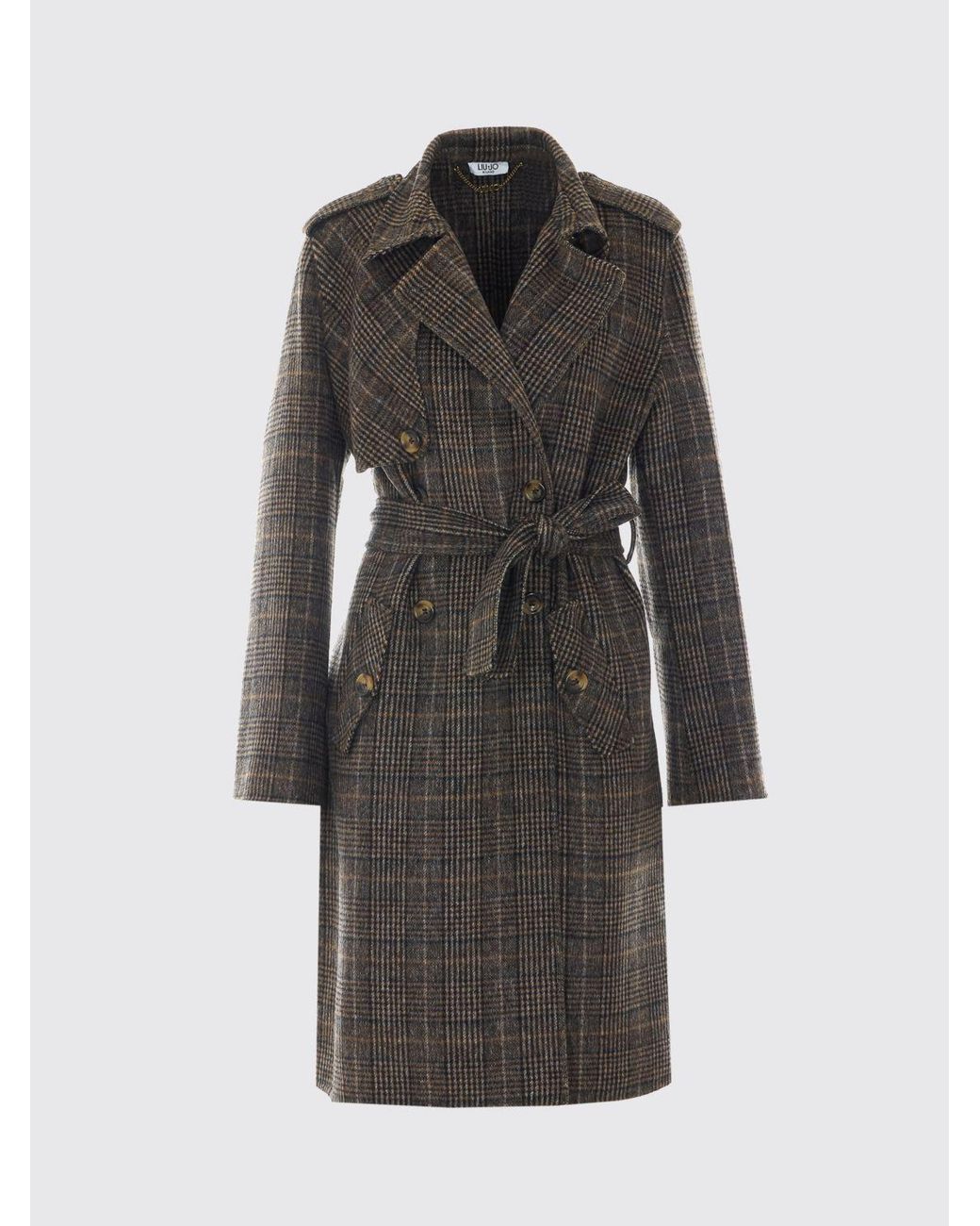 Liu Jo Black Tartan Print Double-Breasted Wool Blend Coat With Belt